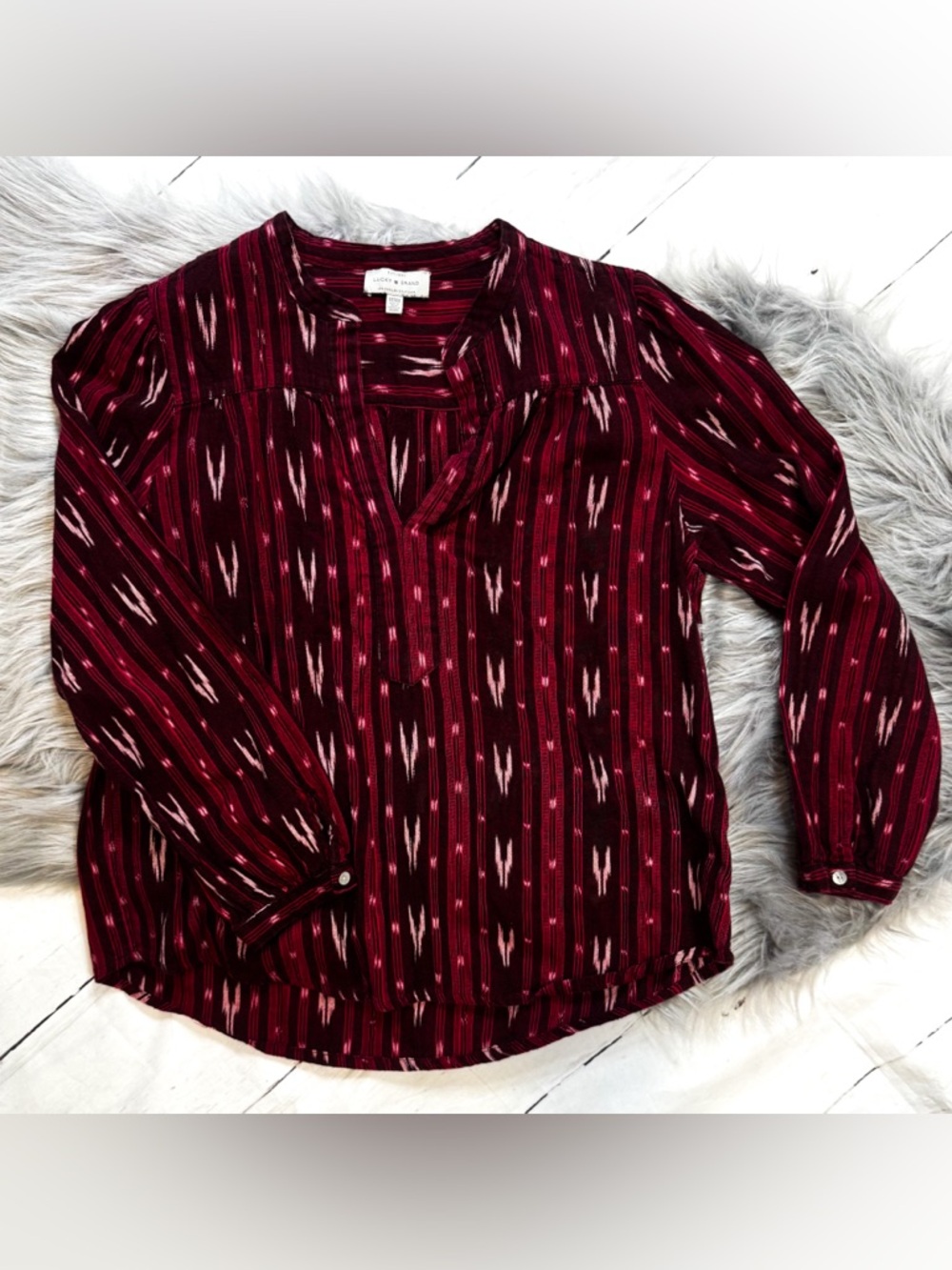 Lucky Brand Burgundy and Pink Ikat-Style Tie-Neck Blouse